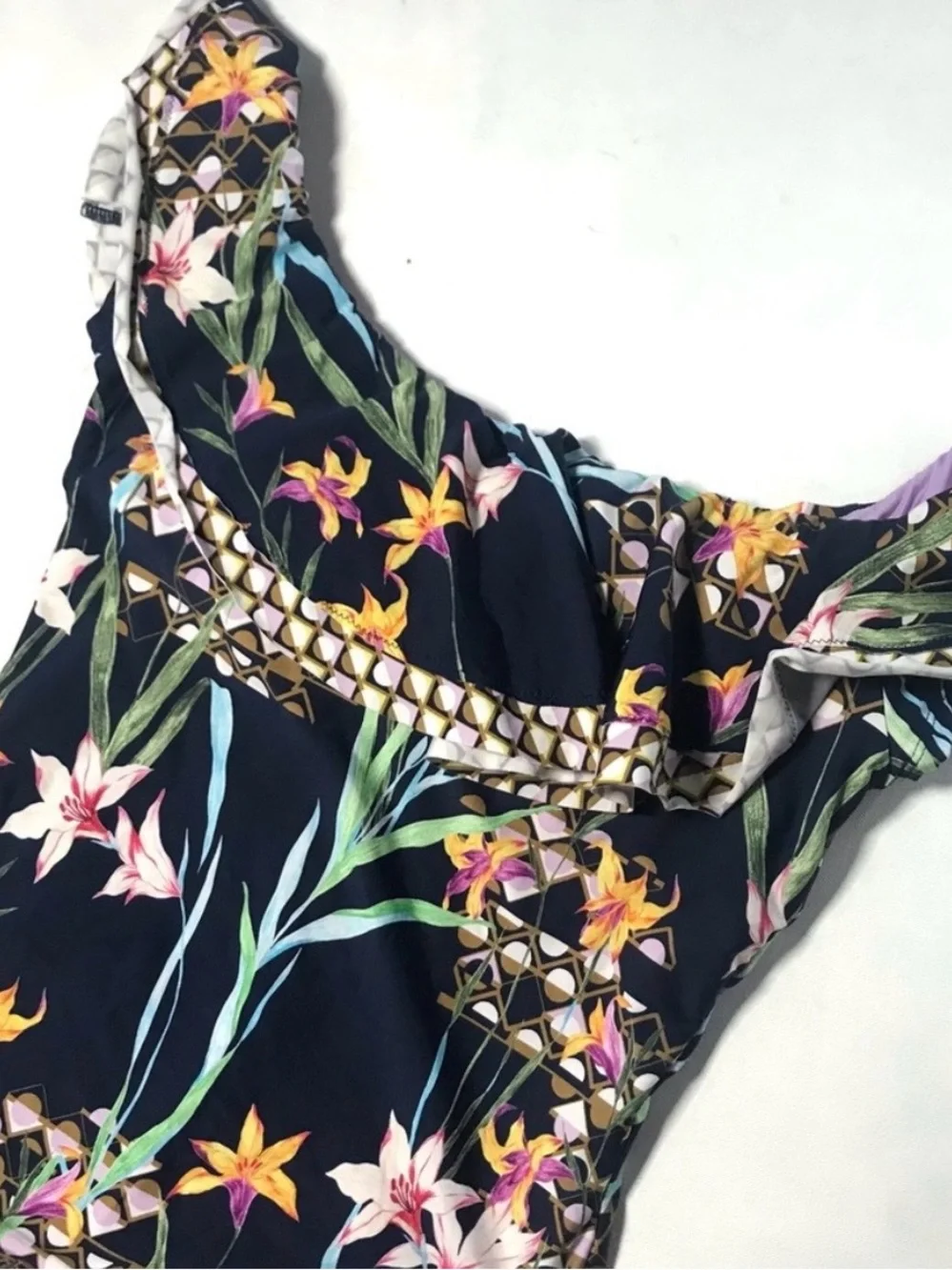 Trina Turk Fiji Floral Ruffle Off The Shoulder One Piece Swimsuit 12 Blue Multi